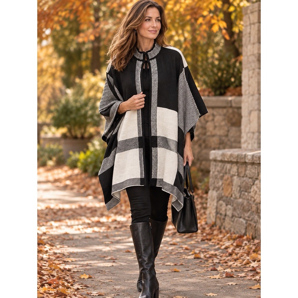 Jones Studio Black & White Color Block Sweater Knit Poncho Wrap L Autumn Capsule